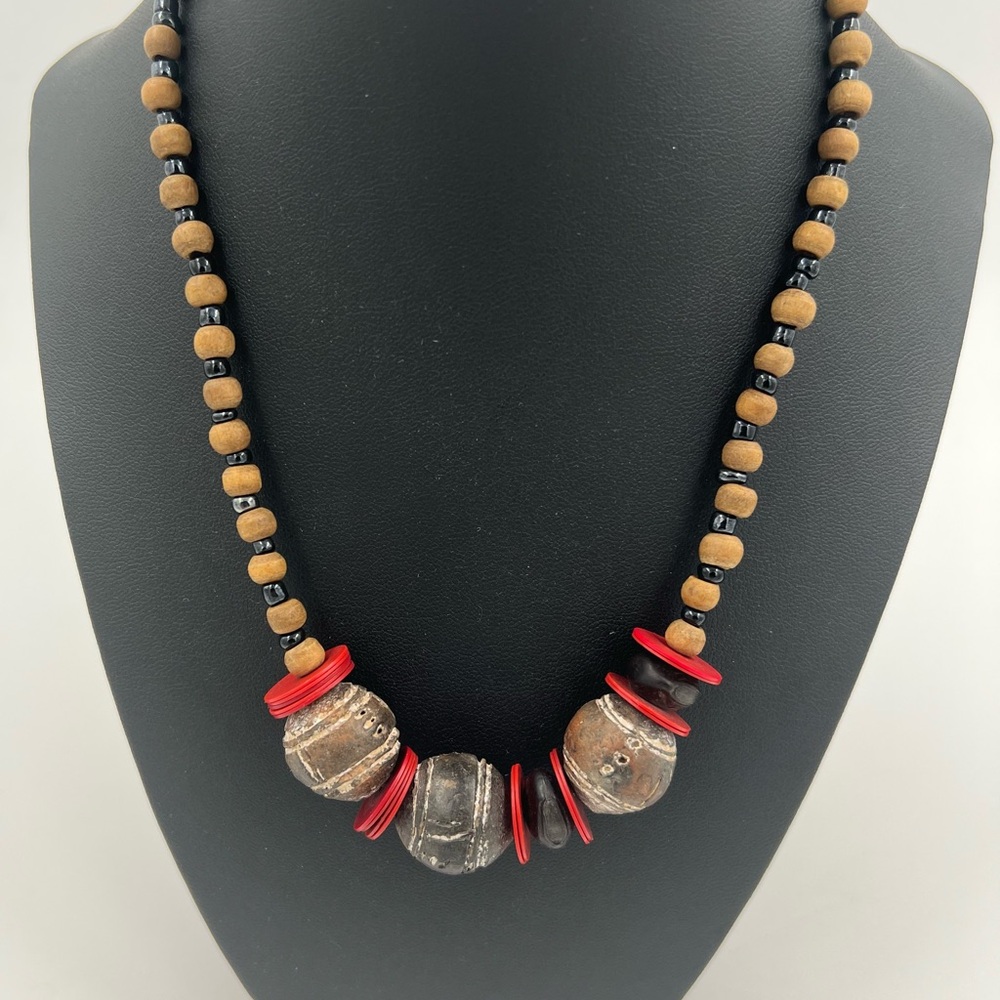 Brown & Red Beaded Tribal Necklace Wood and Plastic Beads 18.5” Long